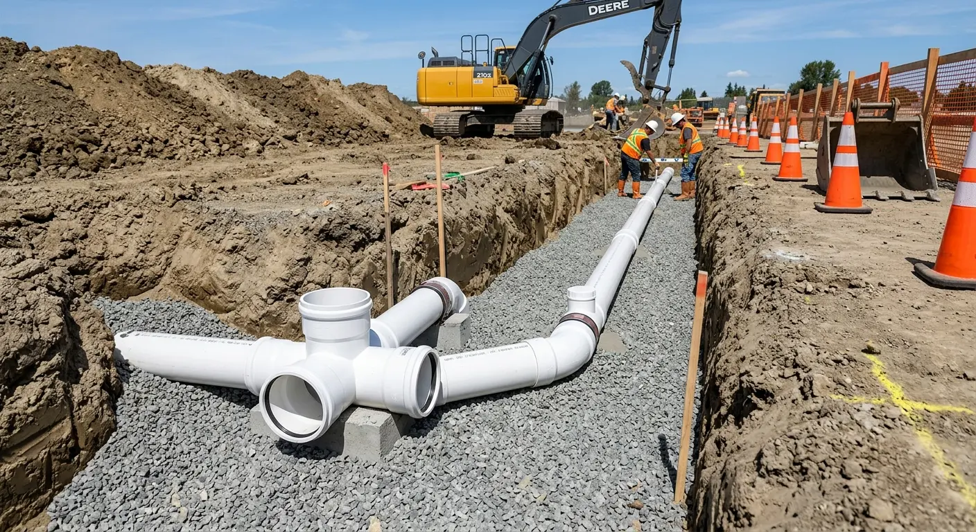 New PVC sewer pipe installation in open trench for Commercial Drain Cleaning in Malta
