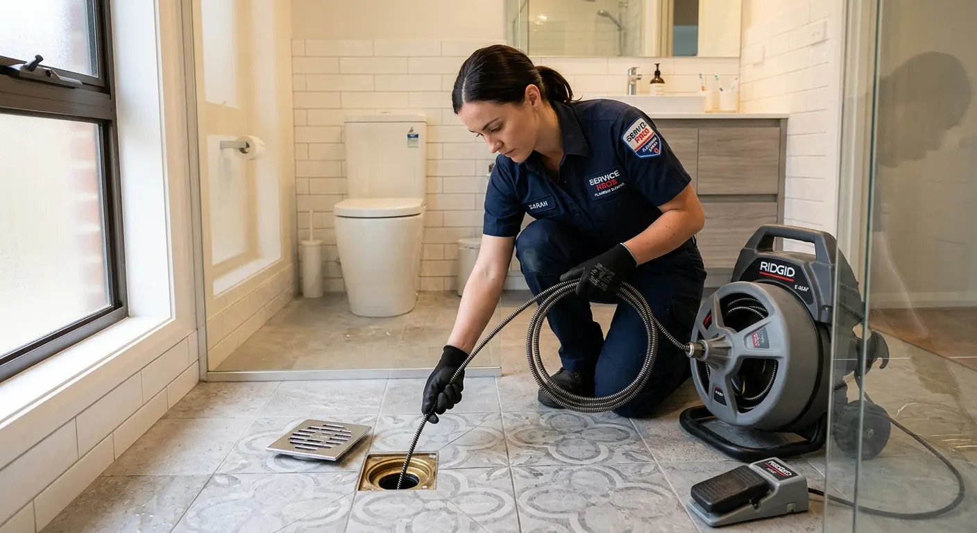 Technician clearing a bathroom floor drain for Hydro Jetting in Malta